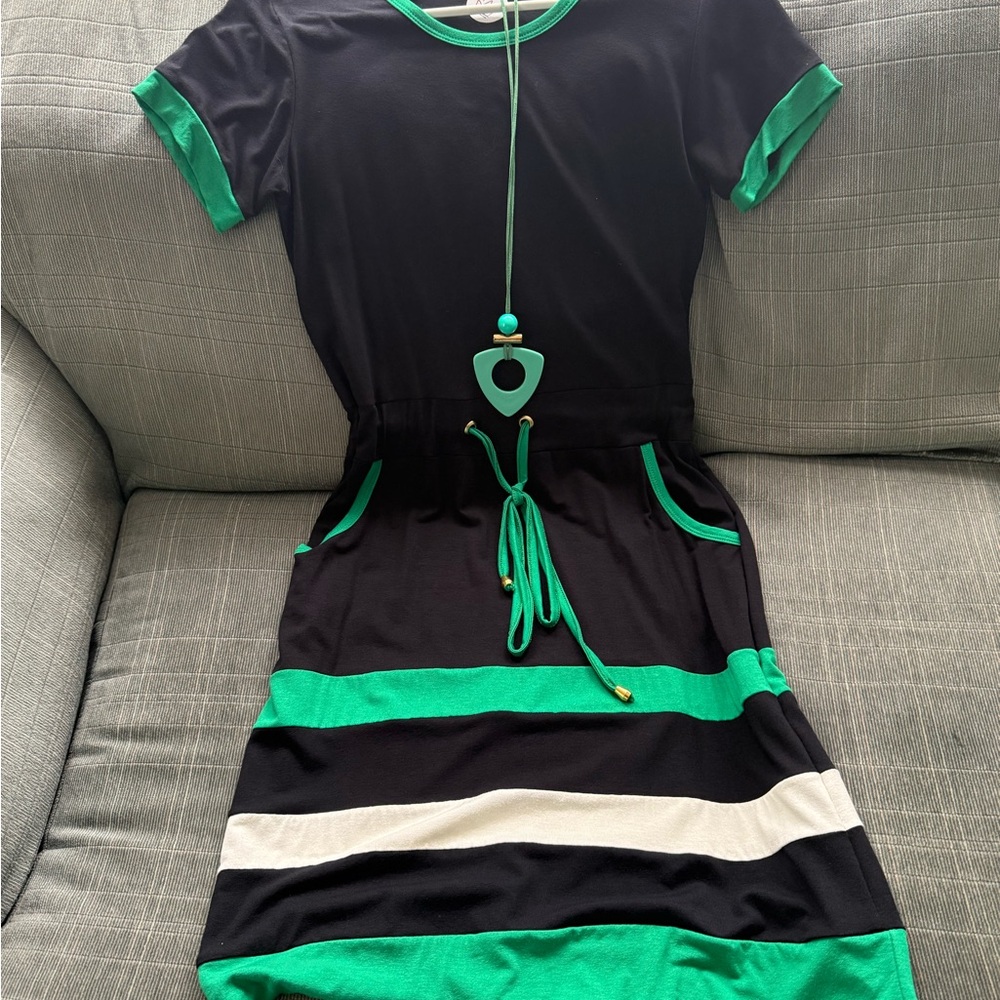 Black and Green Striped Dress with Necklace